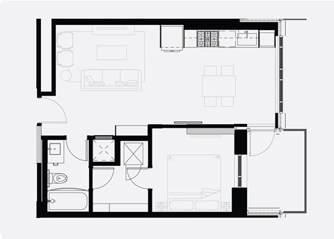 Floor plan for 1 bed, 1 bath, 610 sqft